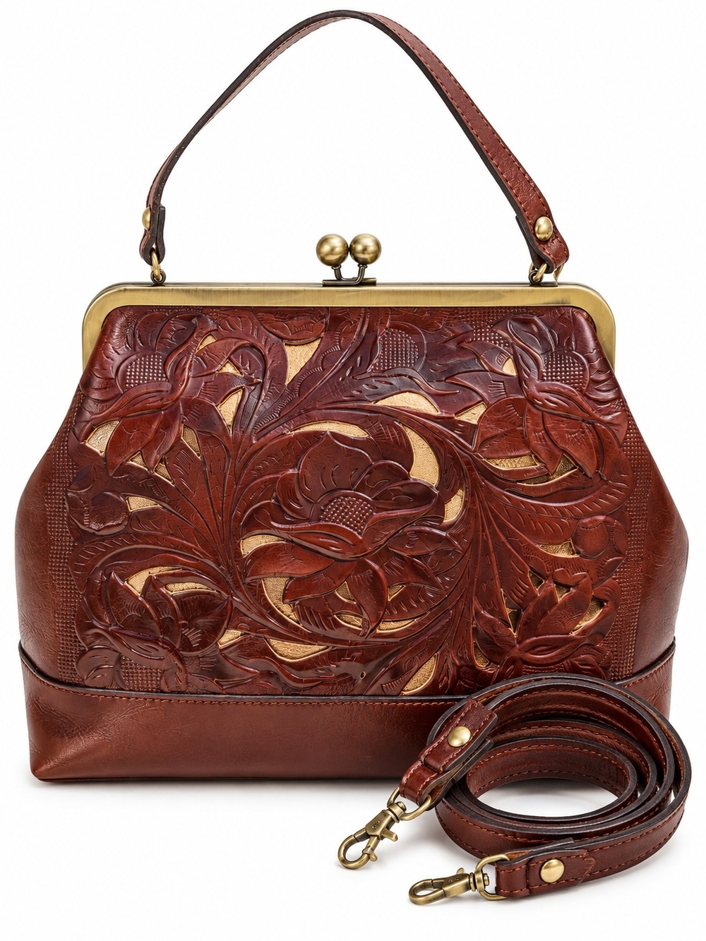 Rare Patricia Nash Tooled Floral Leather Kiss Lock 2-Way Crossbody Bag